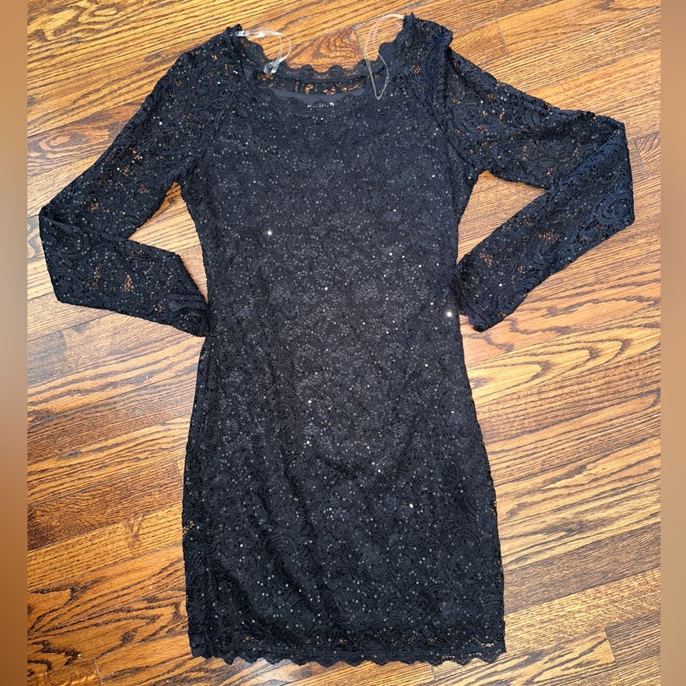 Sequin Hearts Black Lacy Sequined Formal Mini Dress, Long Sleeved